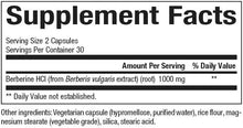 Supplement Facts label showing serving size 2 capsules and Berberine 1000 mg