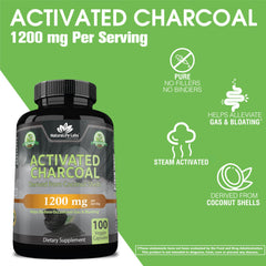 NaturaLife Labs bottle of organic activated charcoal capsules 1200 mg per serving derived from coconut shells