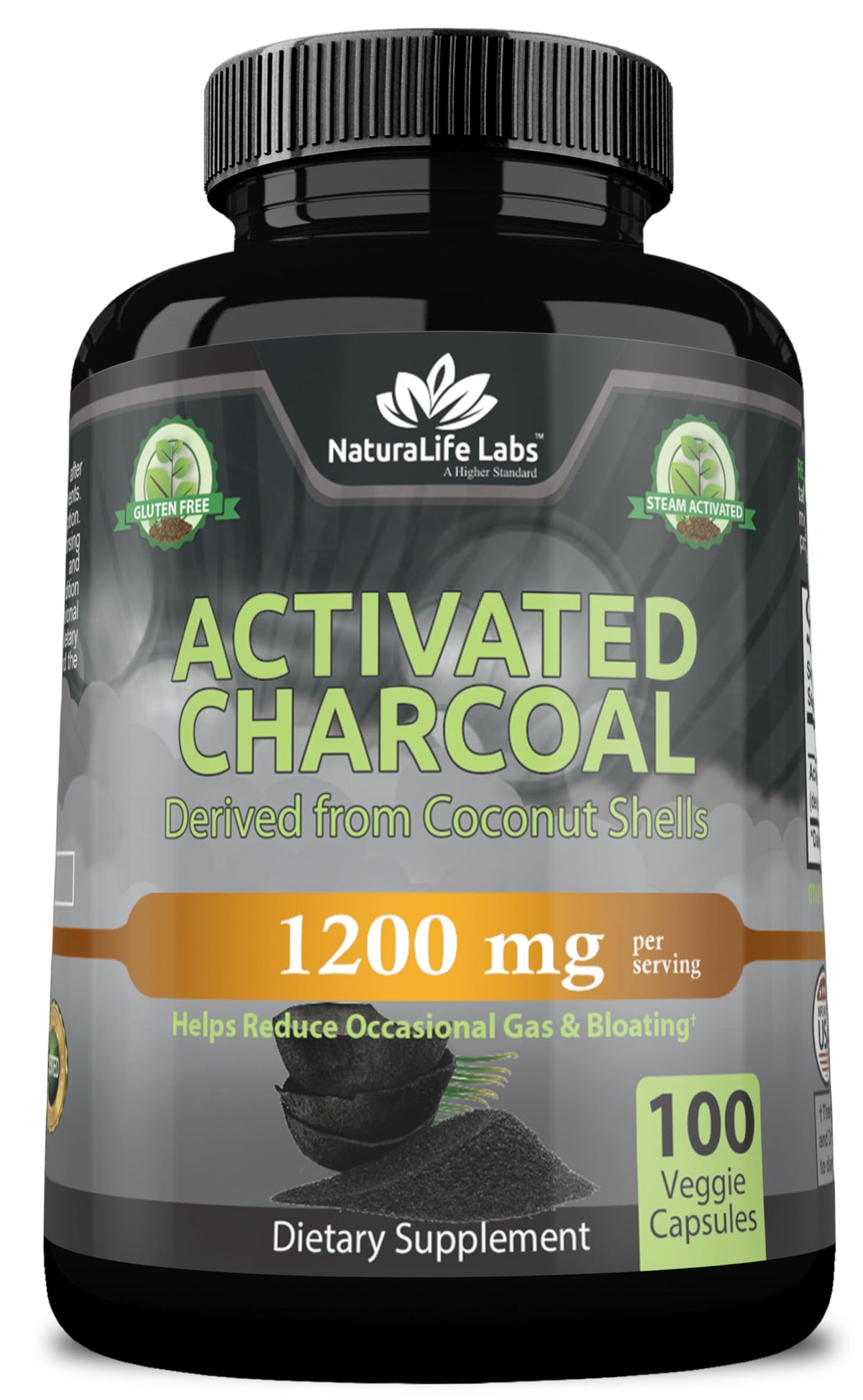 NaturaLife Labs bottle of organic activated charcoal capsules 1200 mg 100 veggie capsules helps reduce gas