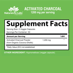 NaturaLife Labs label for organic activated charcoal capsules 1200 mg per serving supplement facts
