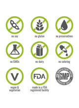 Supplement label icons: no soy, no gluten, no preservatives, no GMOs, vegan & vegetarian