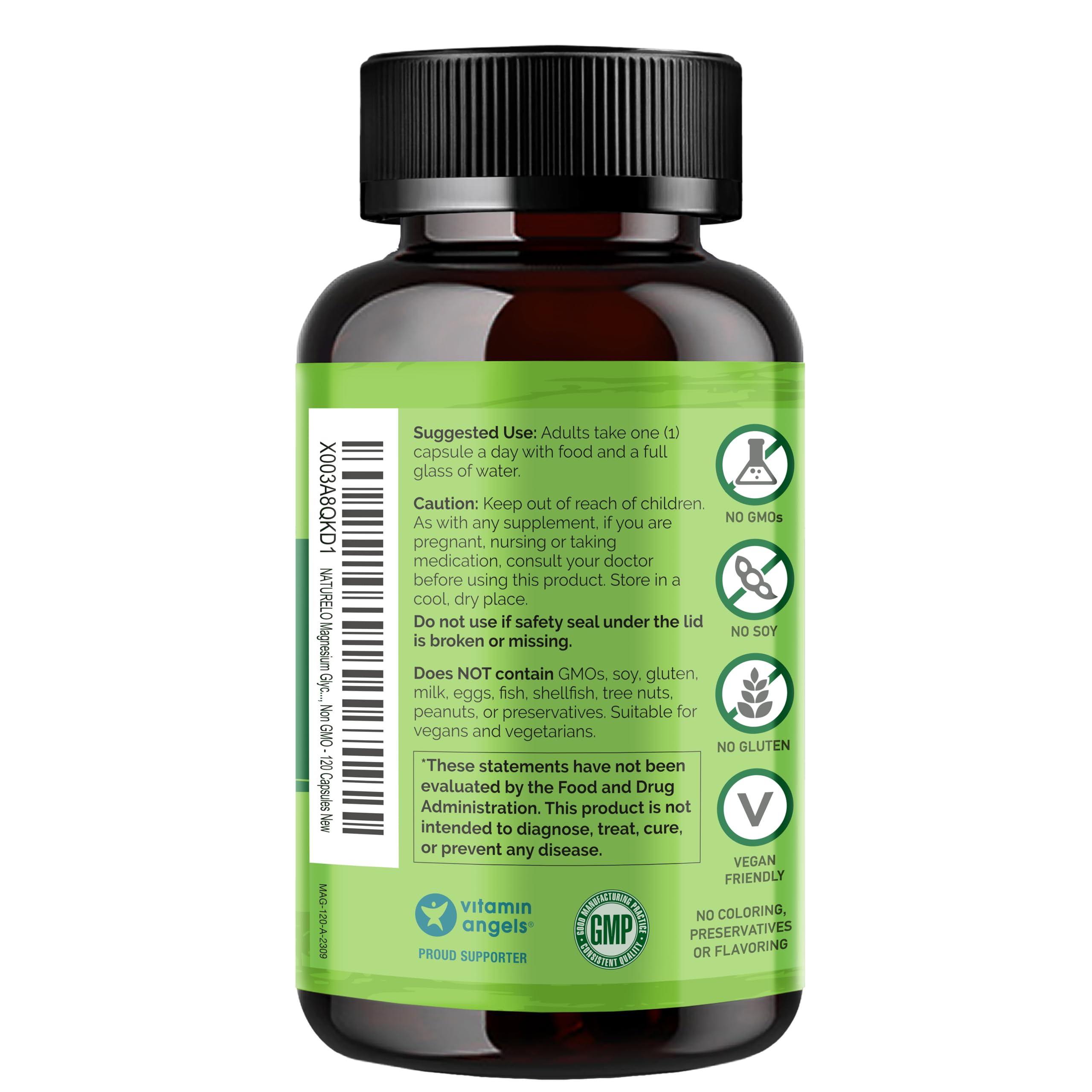NATURELO brown supplement bottle back label showing directions and icons for vegan gluten free magnesium glycinate supplement