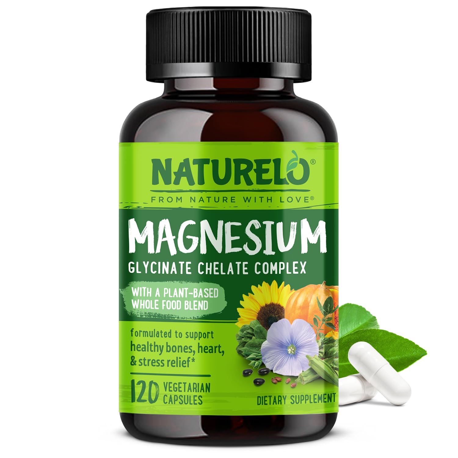 NATURELO bottle of magnesium glycinate supplement 120 vegetarian capsules with plant based whole food label