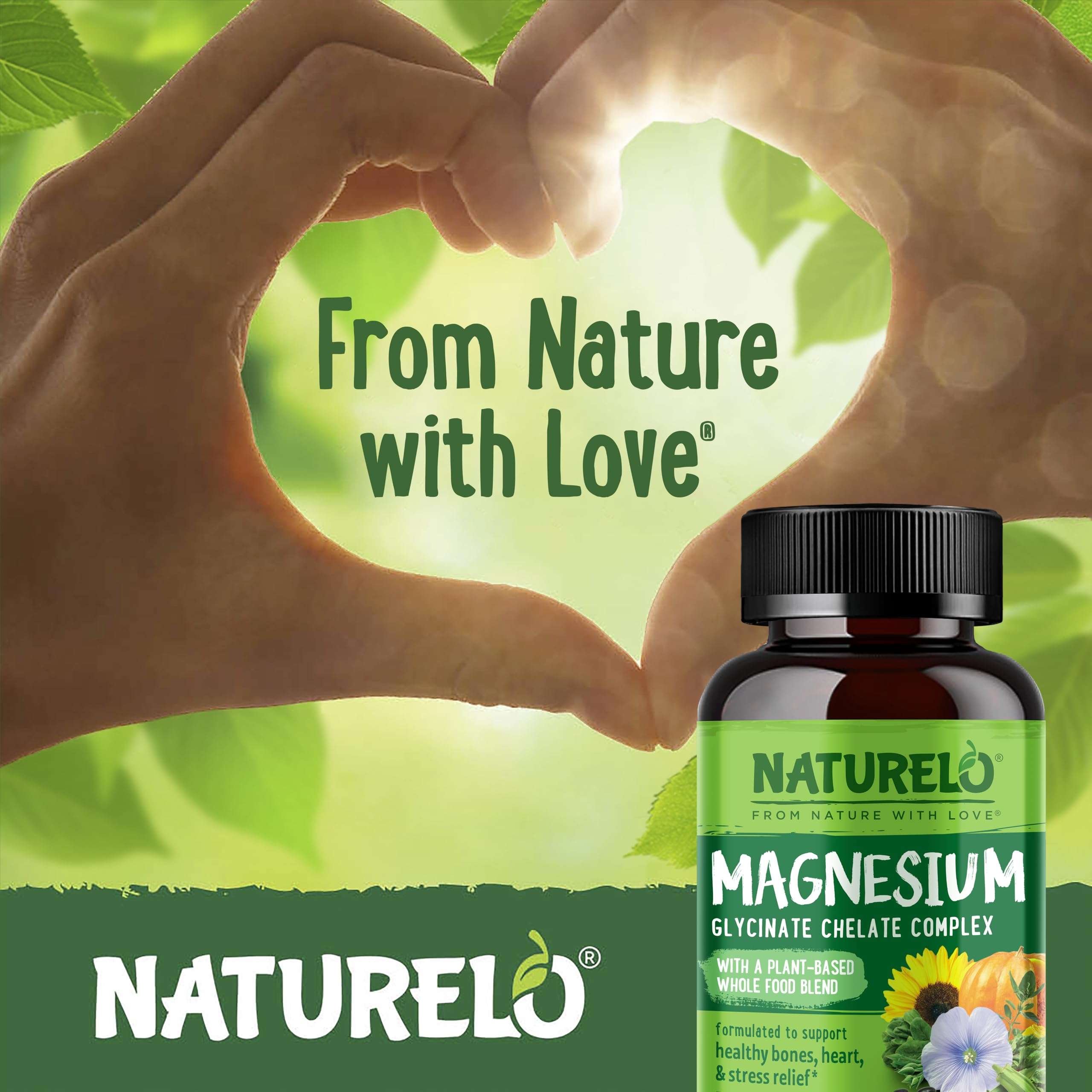 NATURELO bottle of magnesium glycinate supplement with hands forming a heart and green leaves background
