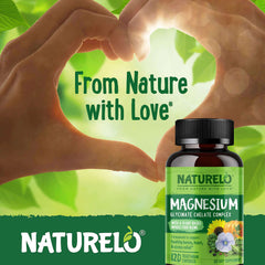 Naturelo magnesium glycinate supplement bottle with green label and hands forming heart in leafy background