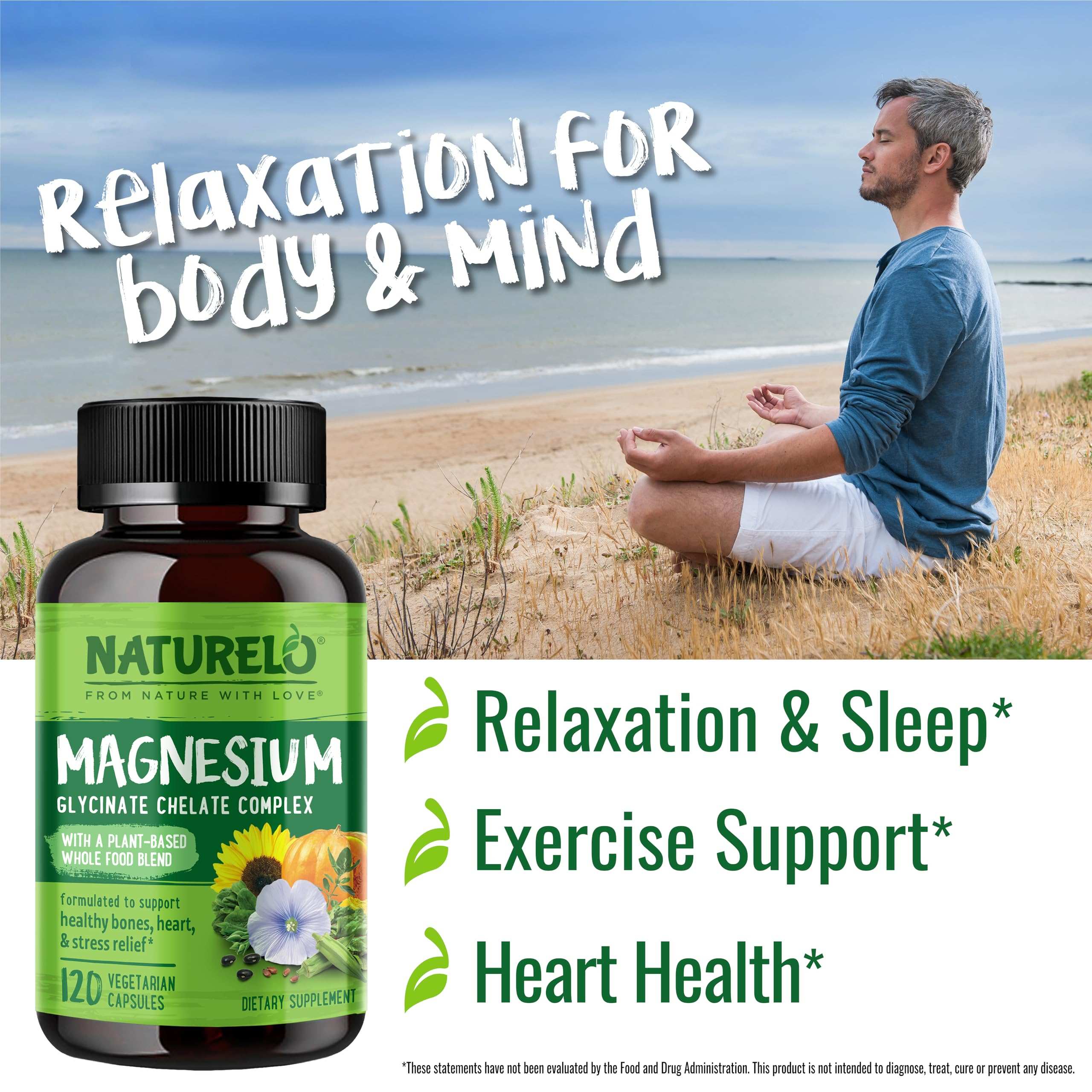 NATURELO magnesium glycinate supplement bottle with man meditating on beach promoting relaxation and sleep benefits