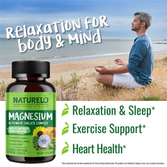 NATURELO magnesium glycinate supplement bottle with man meditating on beach promoting relaxation and sleep benefits