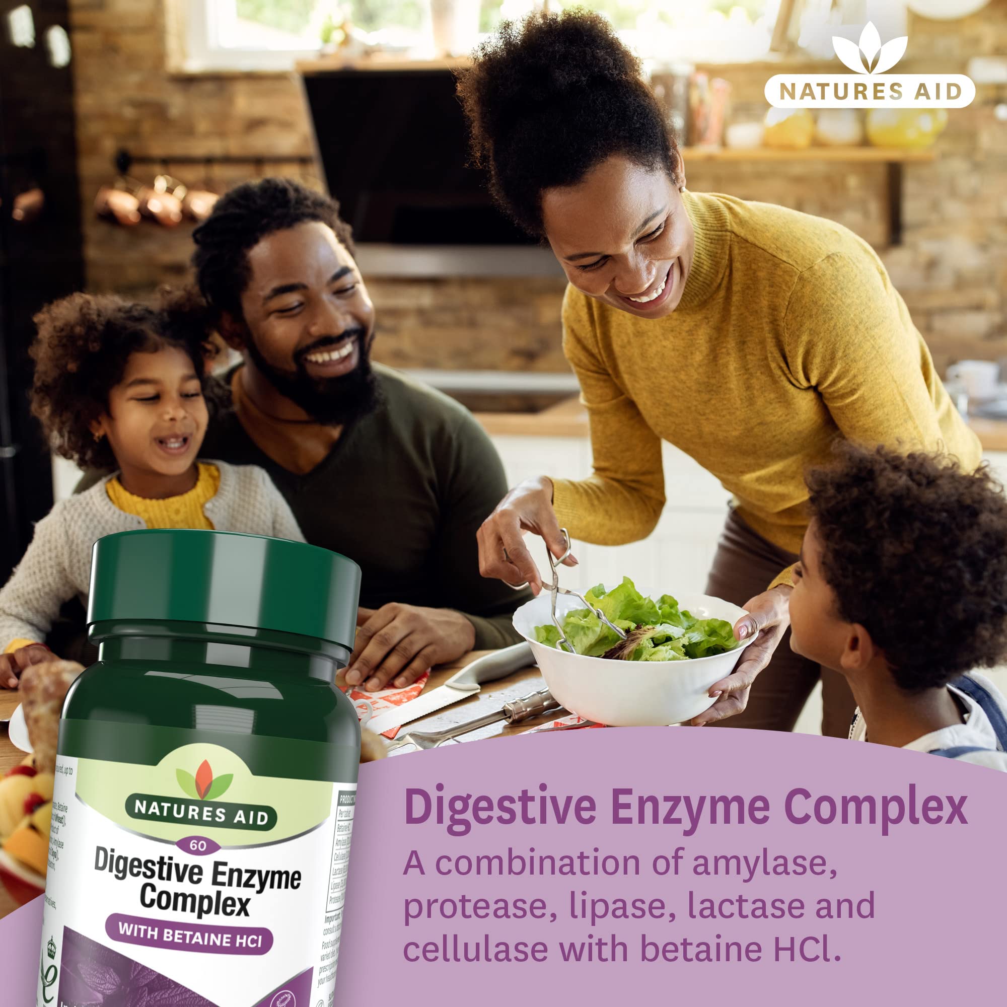 Green Natures Aid bottle of digestive enzyme complex tablets shown with smiling family sharing salad at kitchen table