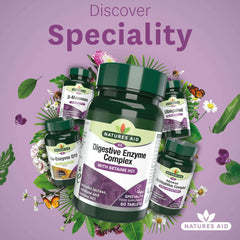 Natures Aid supplement display featuring digestive enzyme complex tablets bottle with herbal accents