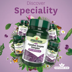 Natures Aid supplement display featuring digestive enzyme complex tablets bottle with herbal accents