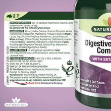 Natures Aid digestive enzyme complex bottle with back label details, 60 tablets
