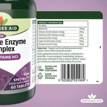 Natures Aid digestive enzyme complex bottle label with product information and barcode, 60