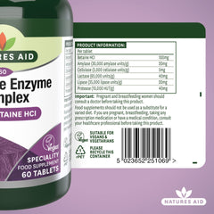 Natures Aid digestive enzyme complex tablets bottle label with supplement facts table barcode and vegan logo
