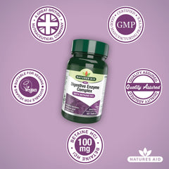 Natures Aid digestive enzyme complex tablets bottle surrounded by vegan GMP quality assured seals and 100 mg betaine HCl badge