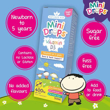 Vitamin D3 mini drops carton with 'Newborn to 5 years' and 'Sugar free' badges