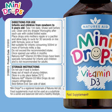 Vitamin D3 mini drops bottle label with directions for use and storage instructions