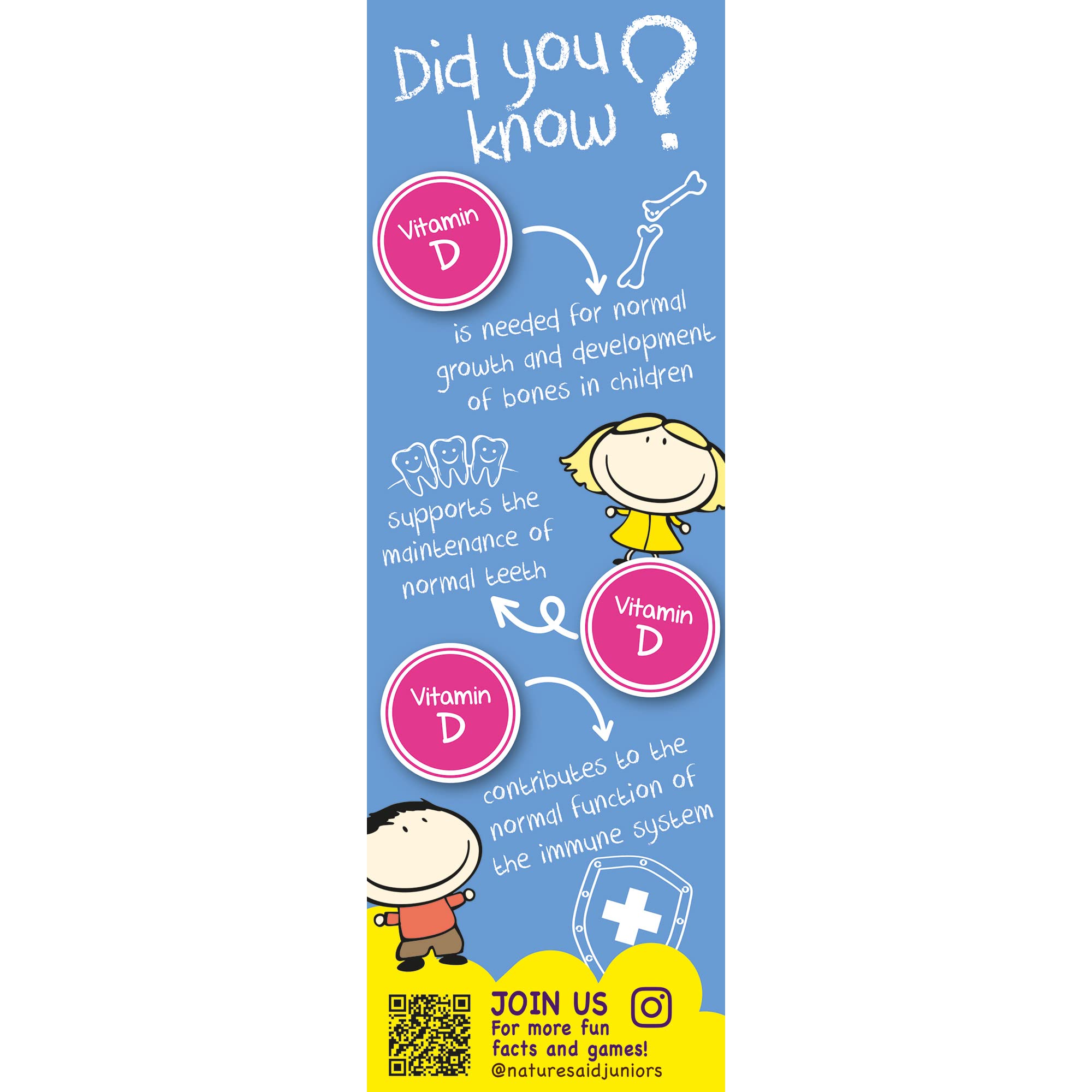 Did you know infographic showing Natures Aid Vitamin benefits for children with vitamin D circles and vitamin D3 drops for babies