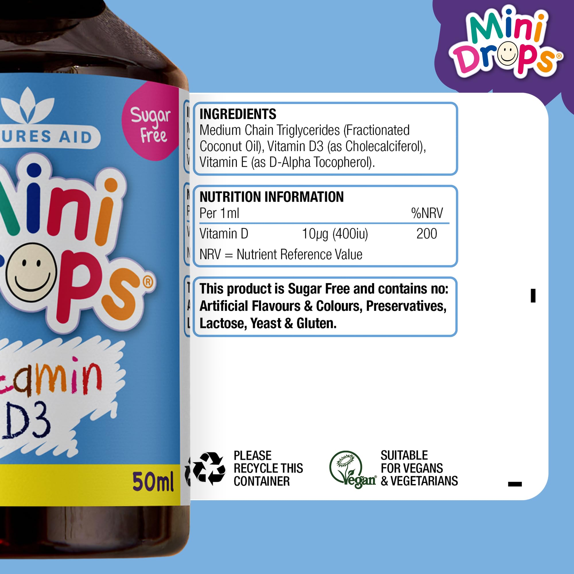 Natures Aid Mini Drops bottle label showing sugar free vitamin D3 drops for babies 50ml with ingredient and nutrition info
