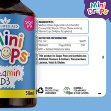 Vitamin D3 mini drops bottle with nutrition ingredients information panel, 50 ml