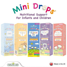 Mini Drops range cartons for infants and children, various supplements, 50 ml