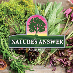 Natures Answer product logo over assorted fresh herbs and botanicals featuring alcohol-free propolis extract supplement