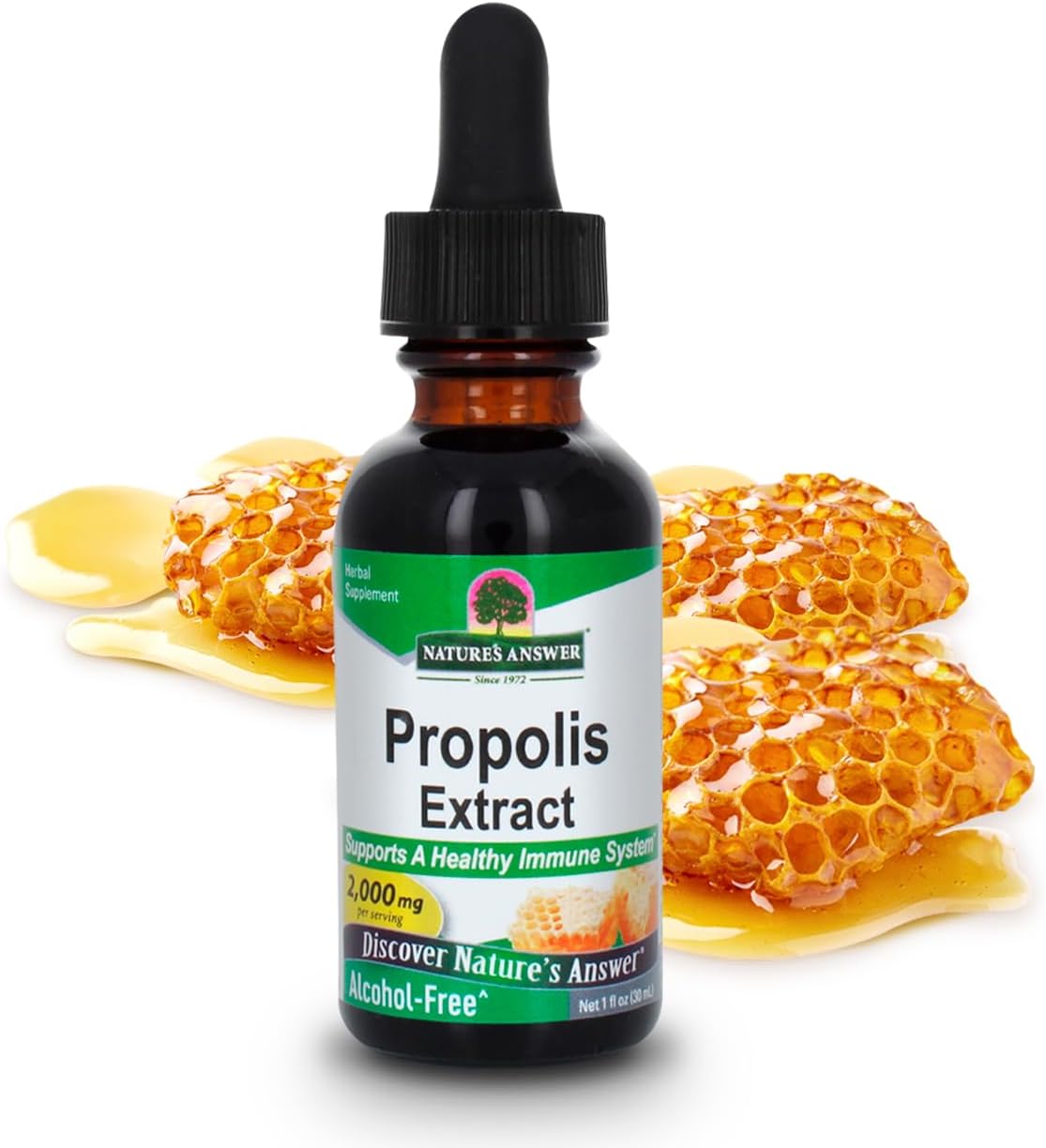 Nature's Answer bottle of alcohol-free propolis extract with dropper and honeycomb background supporting immune health
