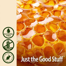 Honeycomb propolis surface with Alcohol-Free and Gluten-Free icons