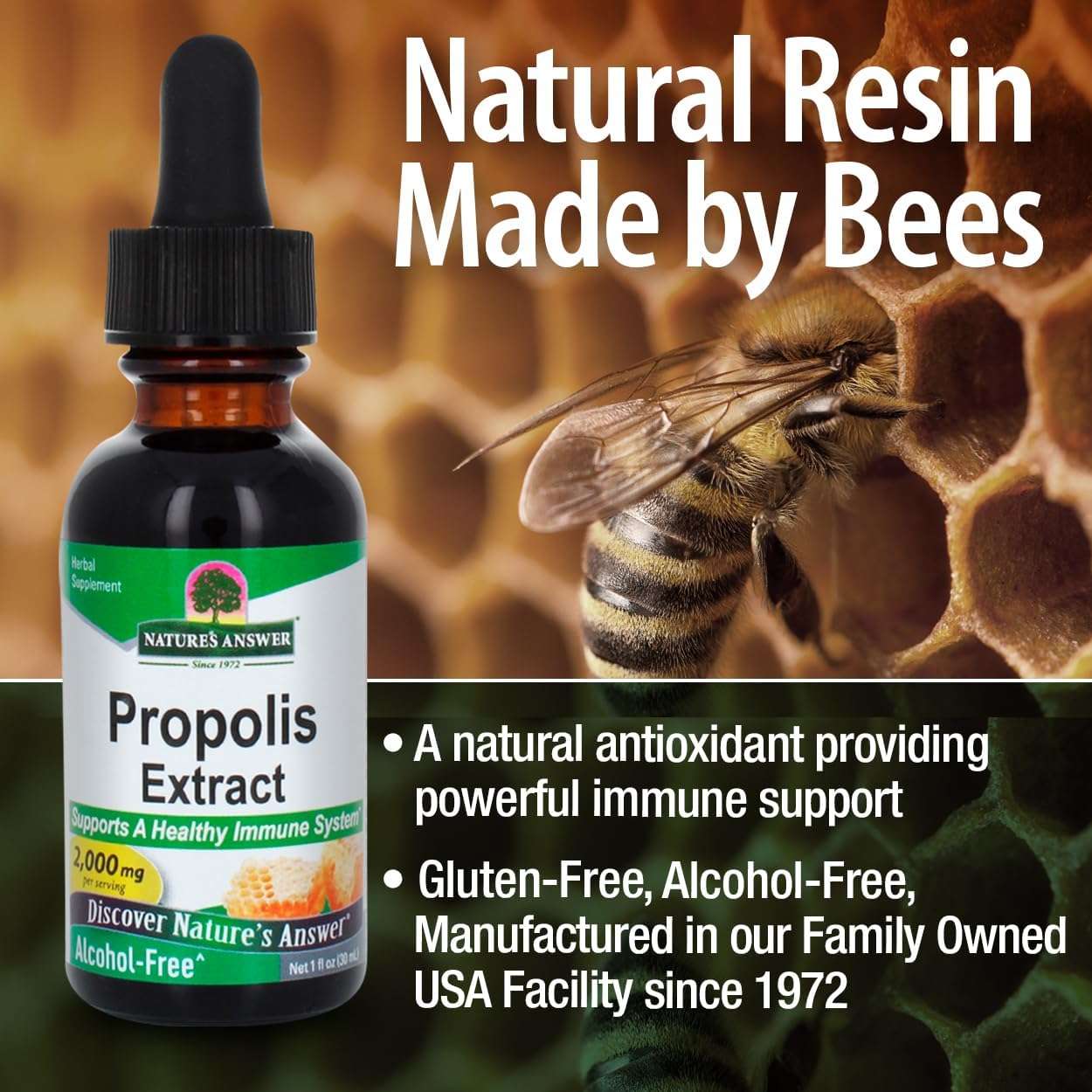 Natures Answer Propolis Extract dropper bottle beside honeycomb and bee labeled alcohol-free propolis extract for immune support