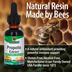Natures Answer Propolis Extract dropper bottle beside honeycomb and bee labeled alcohol-free propolis extract for immune support