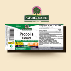 Natures Answer Propolis Extract label showing 2000 mg strength supplement facts and alcohol-free propolis extract