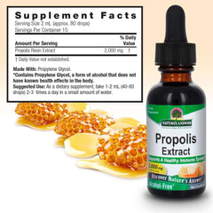 Natures Answer alcohol-free propolis extract dropper bottle with honeycomb and supplement facts label