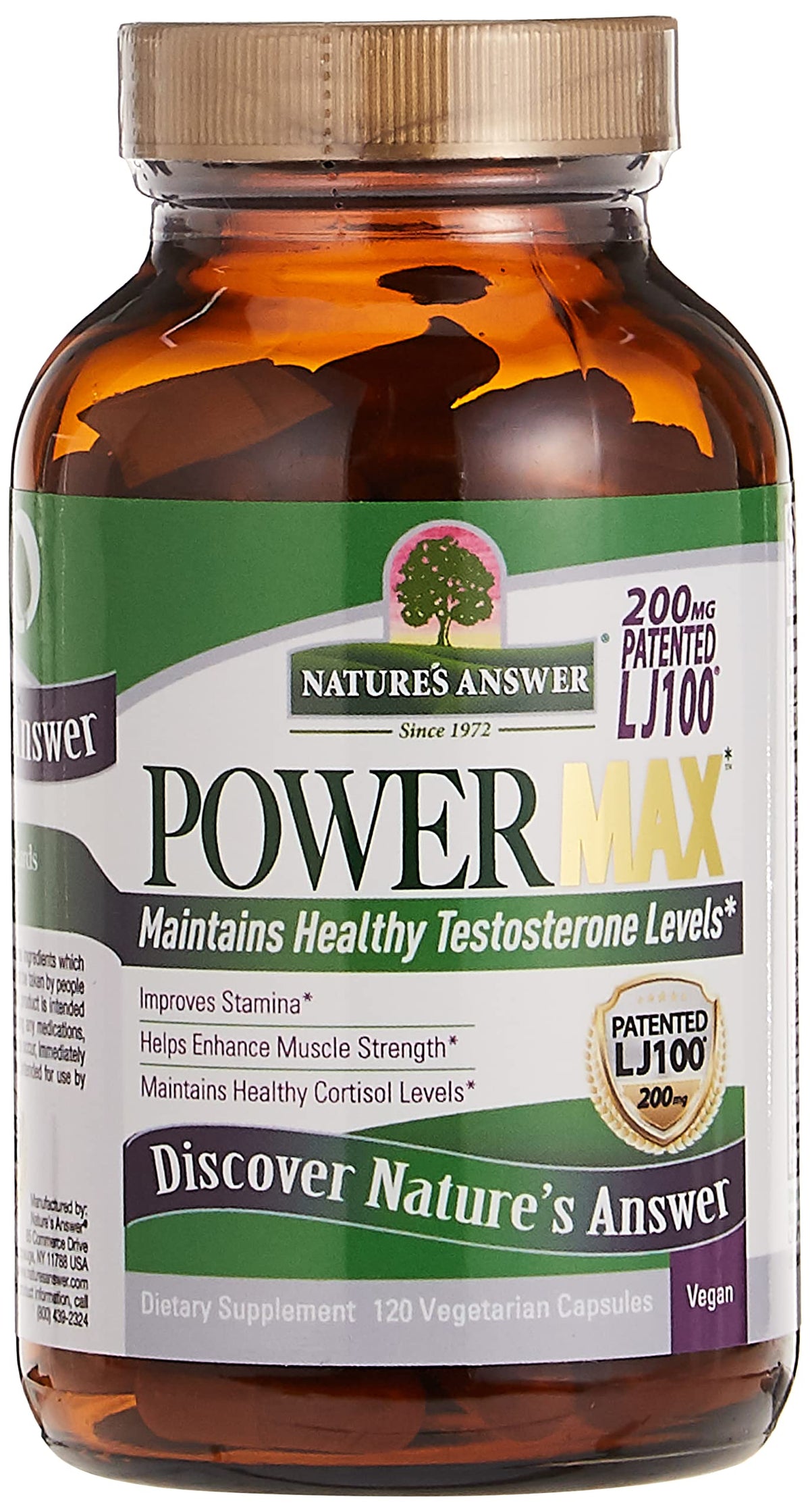 Amber bottle of Nature's Answer Power Max capsules 120 vegetarian capsules for testosterone support