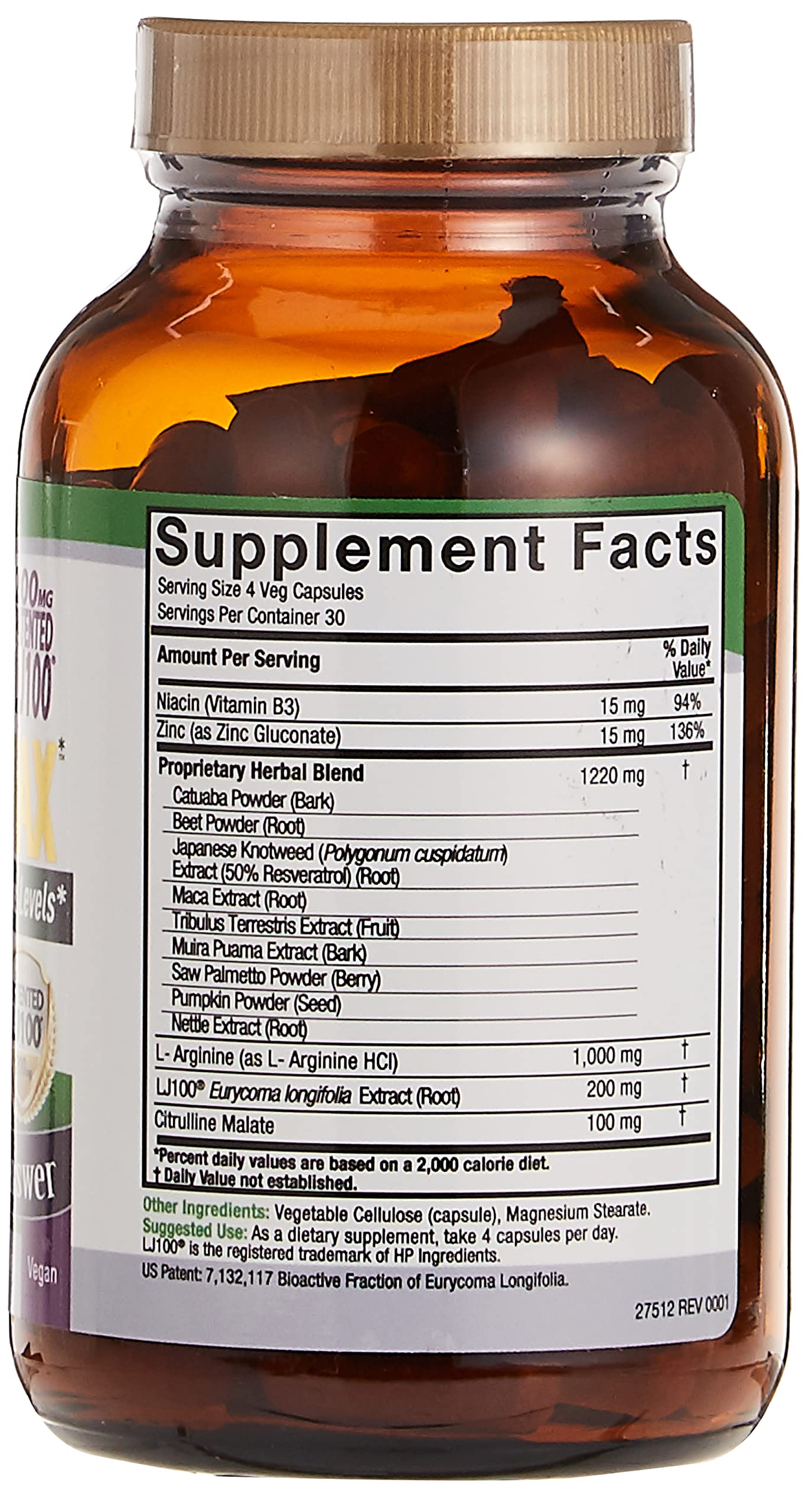 Amber bottle of Nature's Answer Power Max capsules showing supplement facts label and brown capsules inside