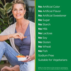 Natures Bounty acidophilus probiotic tablets showing smiling woman with snack and benefits list no sugar no gluten sodium free