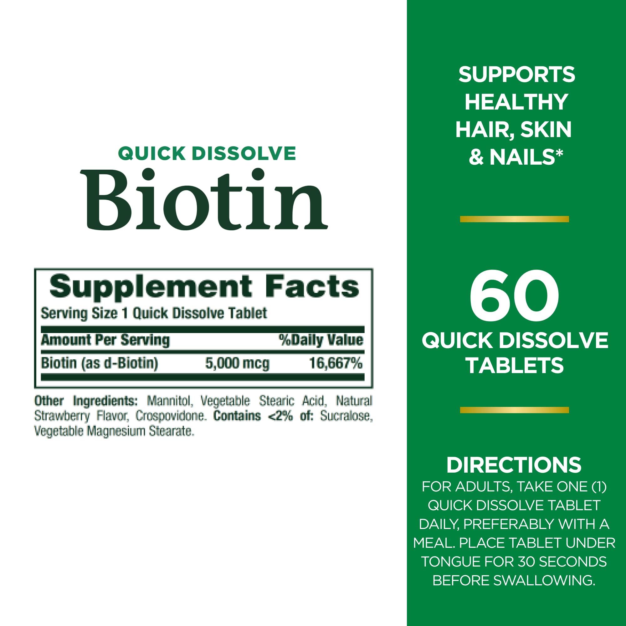 Natures Bounty Biotin quick dissolve label showing 5000 mcg supplement facts and 60 tablets biotin tablets 5000 mcg UAE