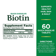 Biotin supplement facts panel with serving size and 5,000 mcg % daily value