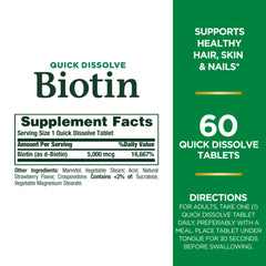 Natures Bounty Biotin quick dissolve label showing 5000 mcg supplement facts and 60 tablets biotin tablets 5000 mcg UAE