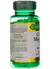 Calcium magnesium zinc supplement bottle, back label text and serving info close-up