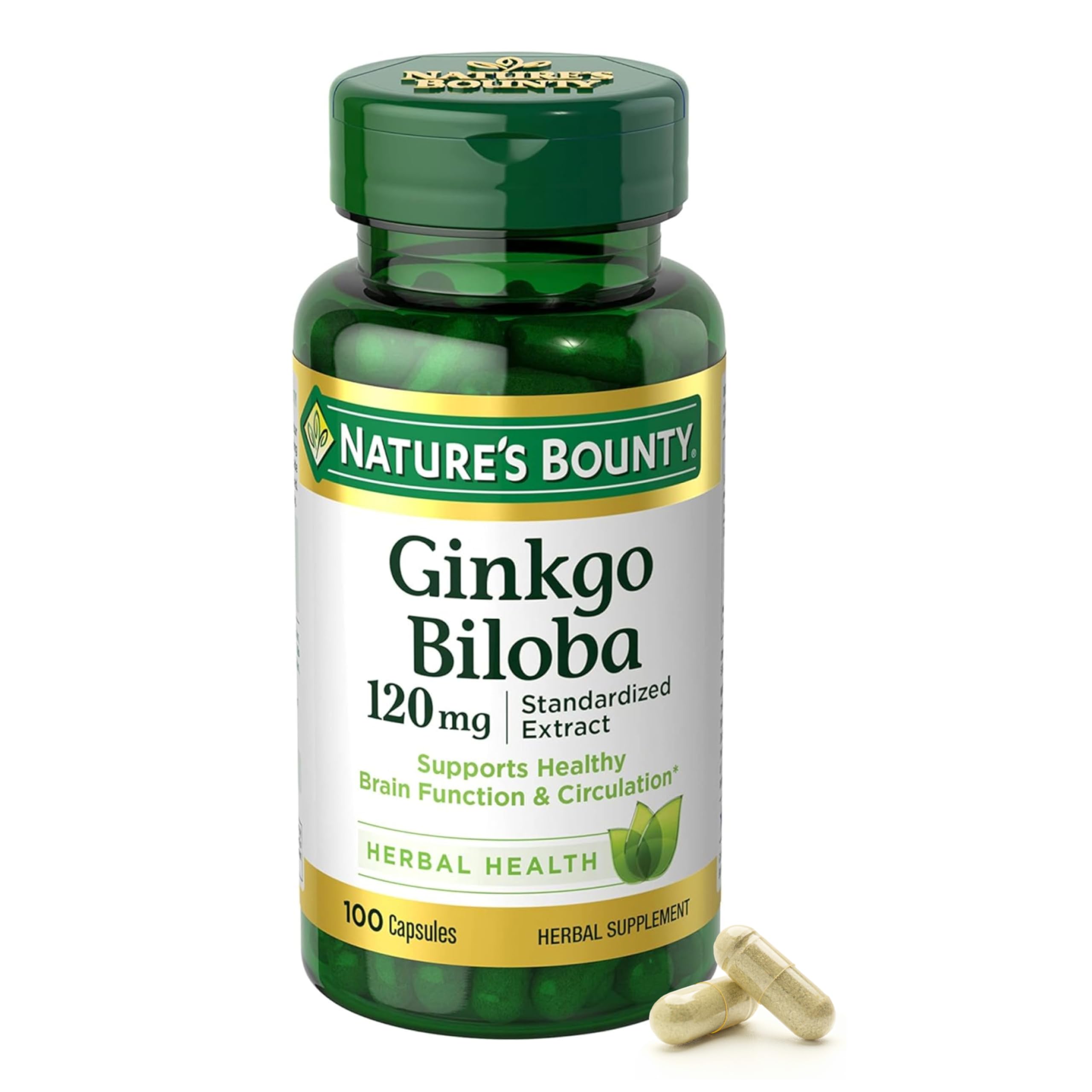 Natures Bounty Ginkgo Biloba 120 mg bottle 100 capsules with two capsules Ginkgo Biloba supplement UAE