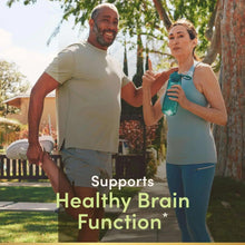 Outdoor health supplement promotion with two people holding water bottles