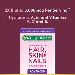 Nature's Bounty hair supplements box Hair Skin and Nails softgels with 5000mcg biotin hyaluronic acid and vitamins A C E