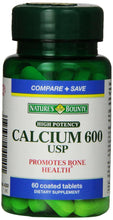 Nature's Bounty Calcium 600 supplement bottle, promotes bone health front label