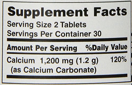 Natures Bounty label showing 1200mg calcium per serving 120 percent DV serving size 2 tablets high potency calcium supplement UAE