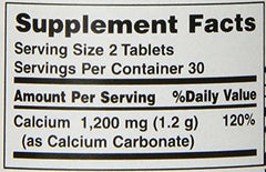Natures Bounty label showing 1200mg calcium per serving 120 percent DV serving size 2 tablets high potency calcium supplement UAE
