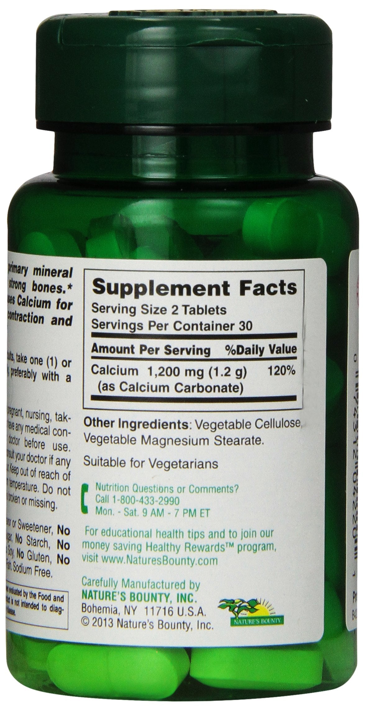 Natures Bounty green bottle showing supplement facts label calcium 1200 mg and green tablets high potency calcium supplement UAE