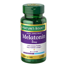 Melatonin supplement bottle, green dual-layer label, 5 mg, 60 bi-layer tablets