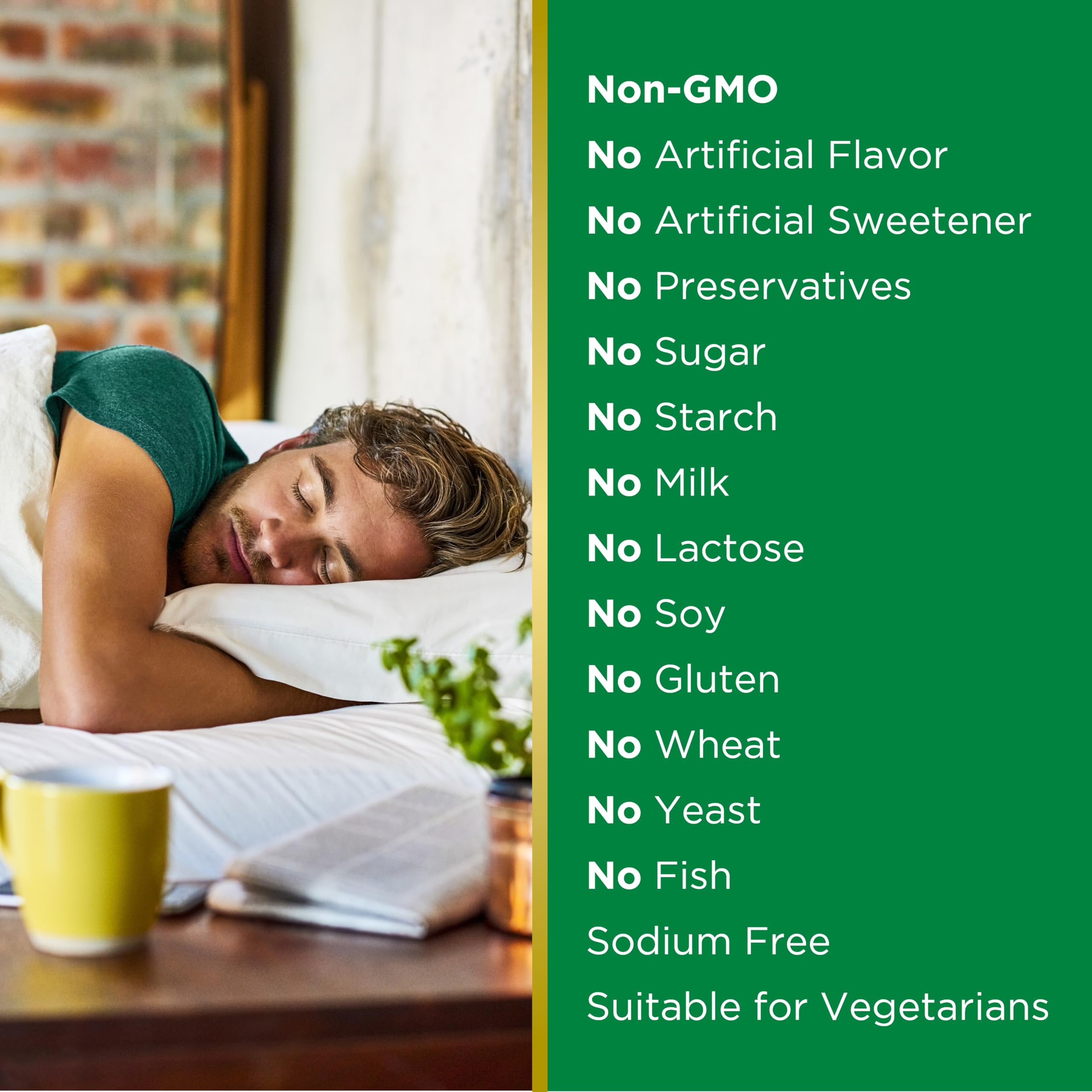 Natures Bounty melatonin sleep supplement UAE showing man sleeping and label noting Non GMO No gluten No soy vegetarian friendly
