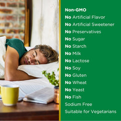Natures Bounty melatonin sleep supplement UAE showing man sleeping and label noting Non GMO No gluten No soy vegetarian friendly