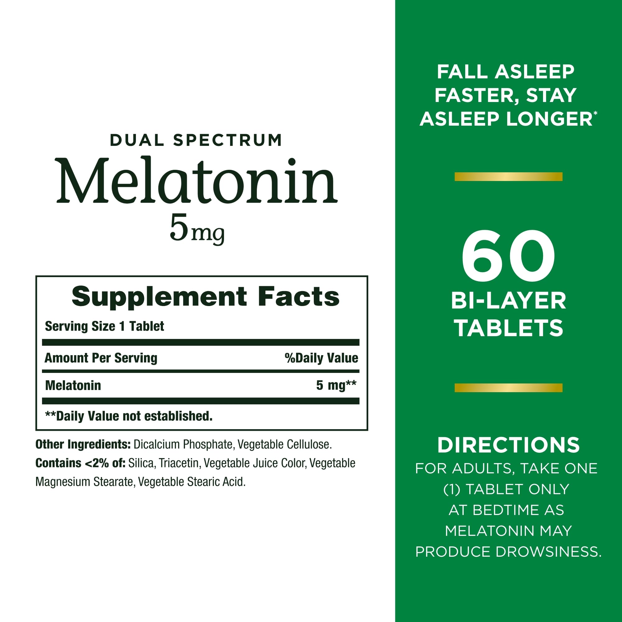 Natures Bounty Dual Spectrum Melatonin 5mg label with Supplement Facts and 60 bi layer tablets melatonin sleep supplement UAE