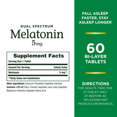 Natures Bounty Dual Spectrum Melatonin 5mg label with Supplement Facts and 60 bi layer tablets melatonin sleep supplement UAE